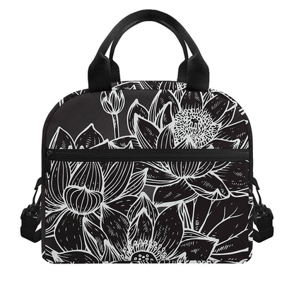 Monochrome Lotus Print Insulated Lunch Bag