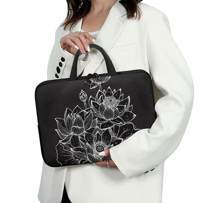 Monochrome Lotus Print Laptop Sleeve With Handle