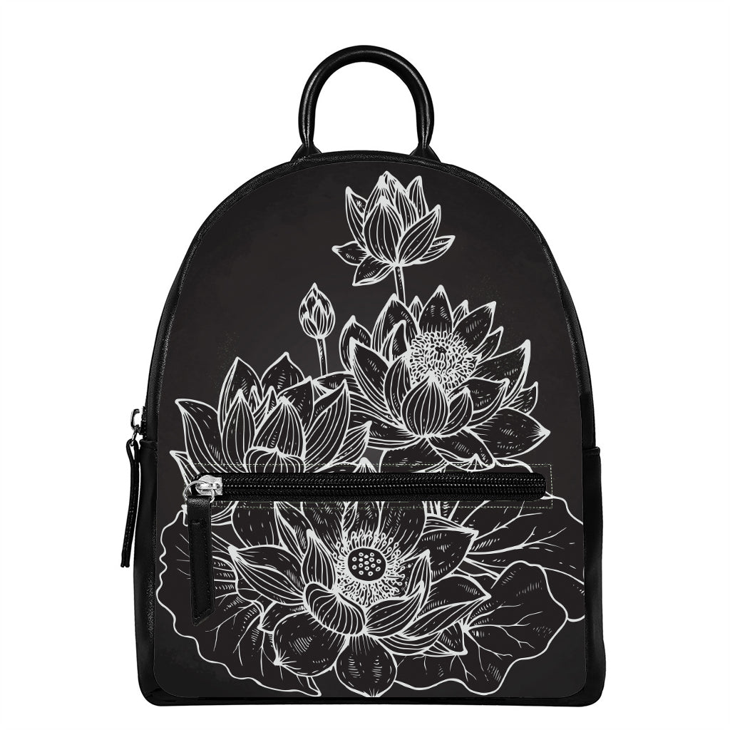 Monochrome Lotus Print Leather Backpack