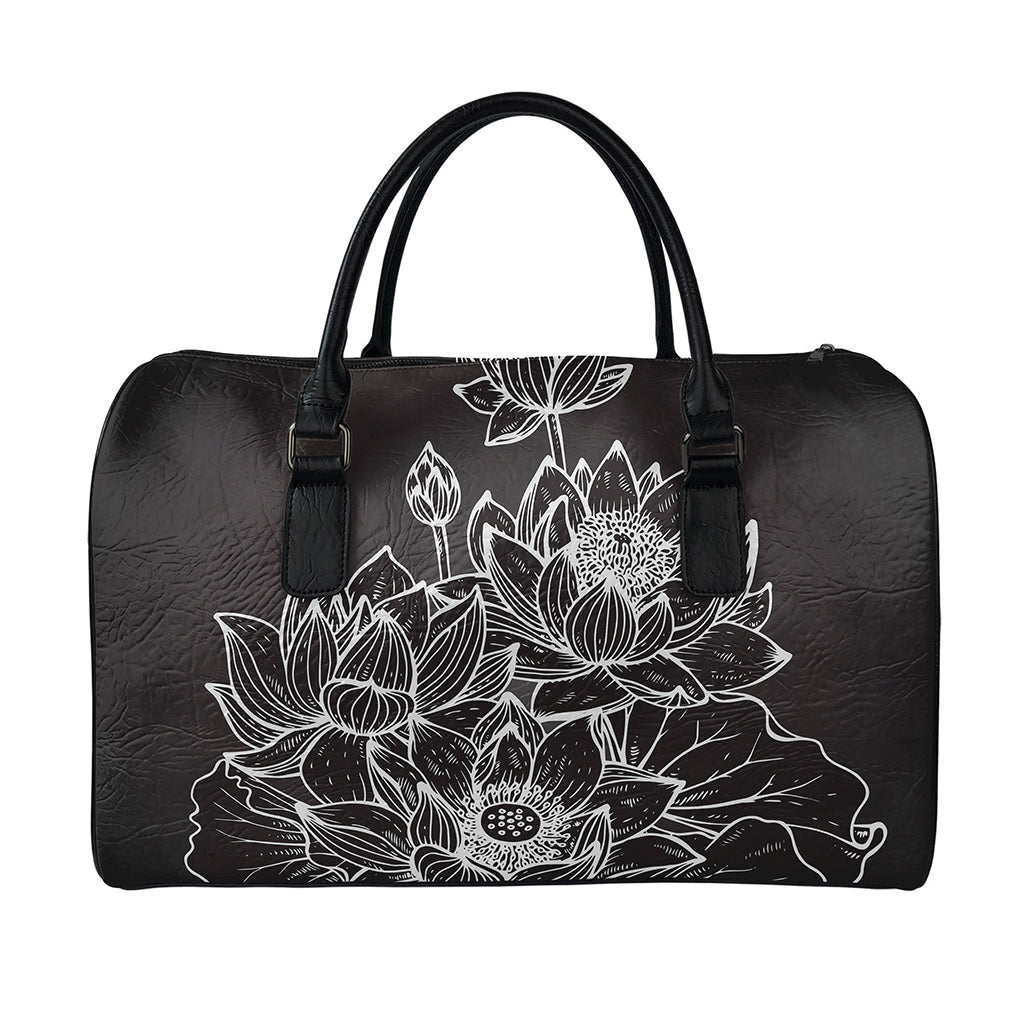 Monochrome Lotus Print Leather Duffle Bag