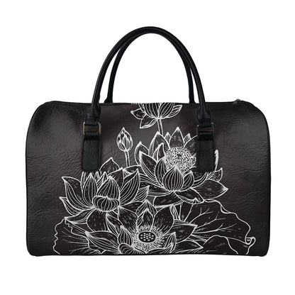 Monochrome Lotus Print Leather Duffle Bag
