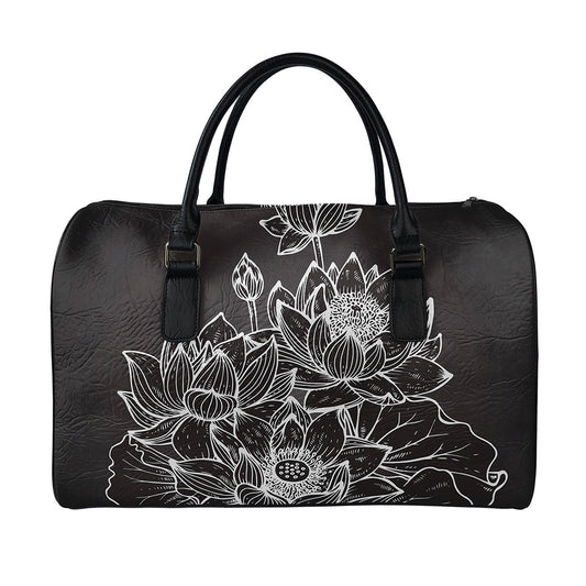 Monochrome Lotus Print Leather Duffle Bag