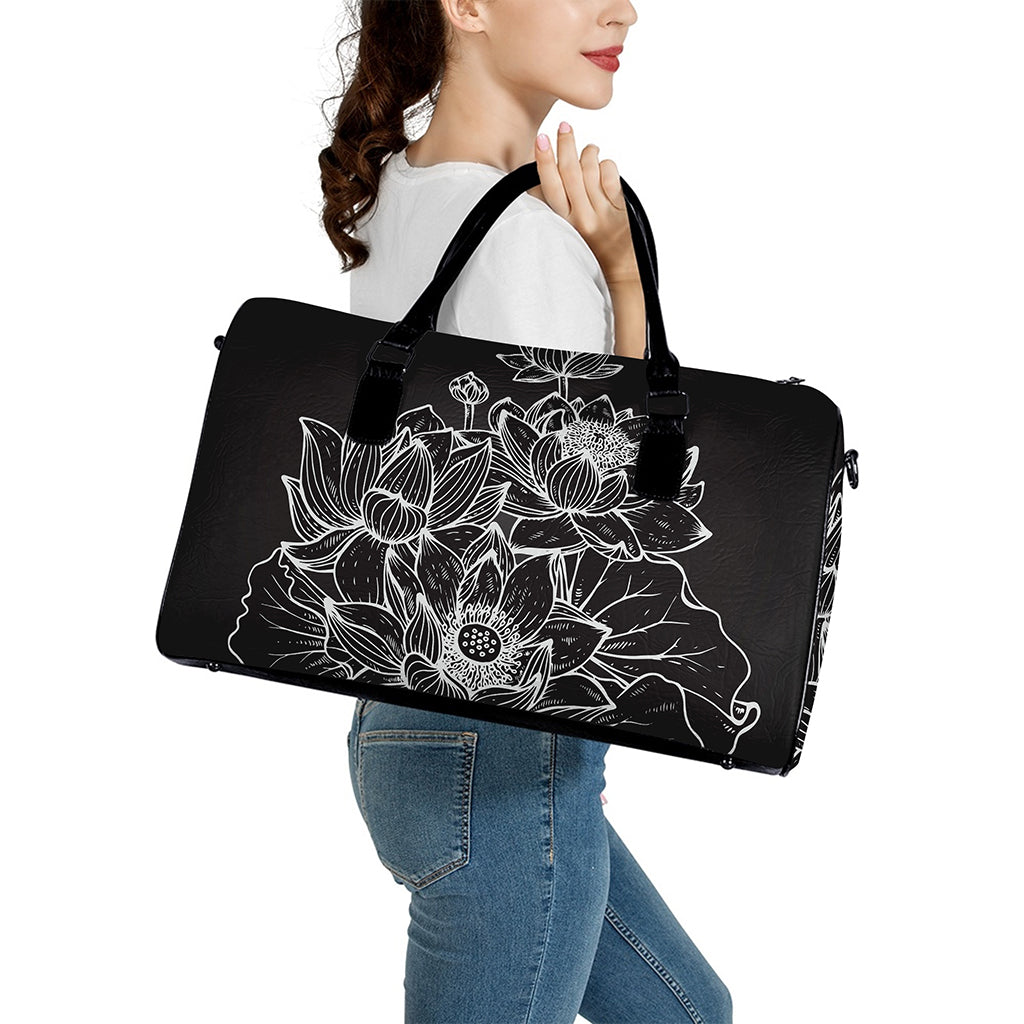 Monochrome Lotus Print Leather Duffle Bag