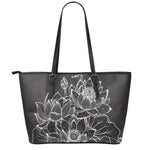 Monochrome Lotus Print Leather Tote Bag