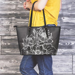 Monochrome Lotus Print Leather Tote Bag