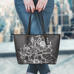 Monochrome Lotus Print Leather Tote Bag