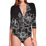 Monochrome Lotus Print Long Sleeve Swimsuit