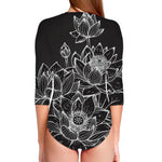 Monochrome Lotus Print Long Sleeve Swimsuit