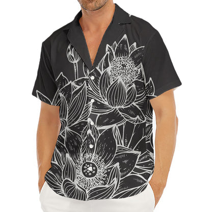 Monochrome Lotus Print Men's Deep V-Neck Shirt