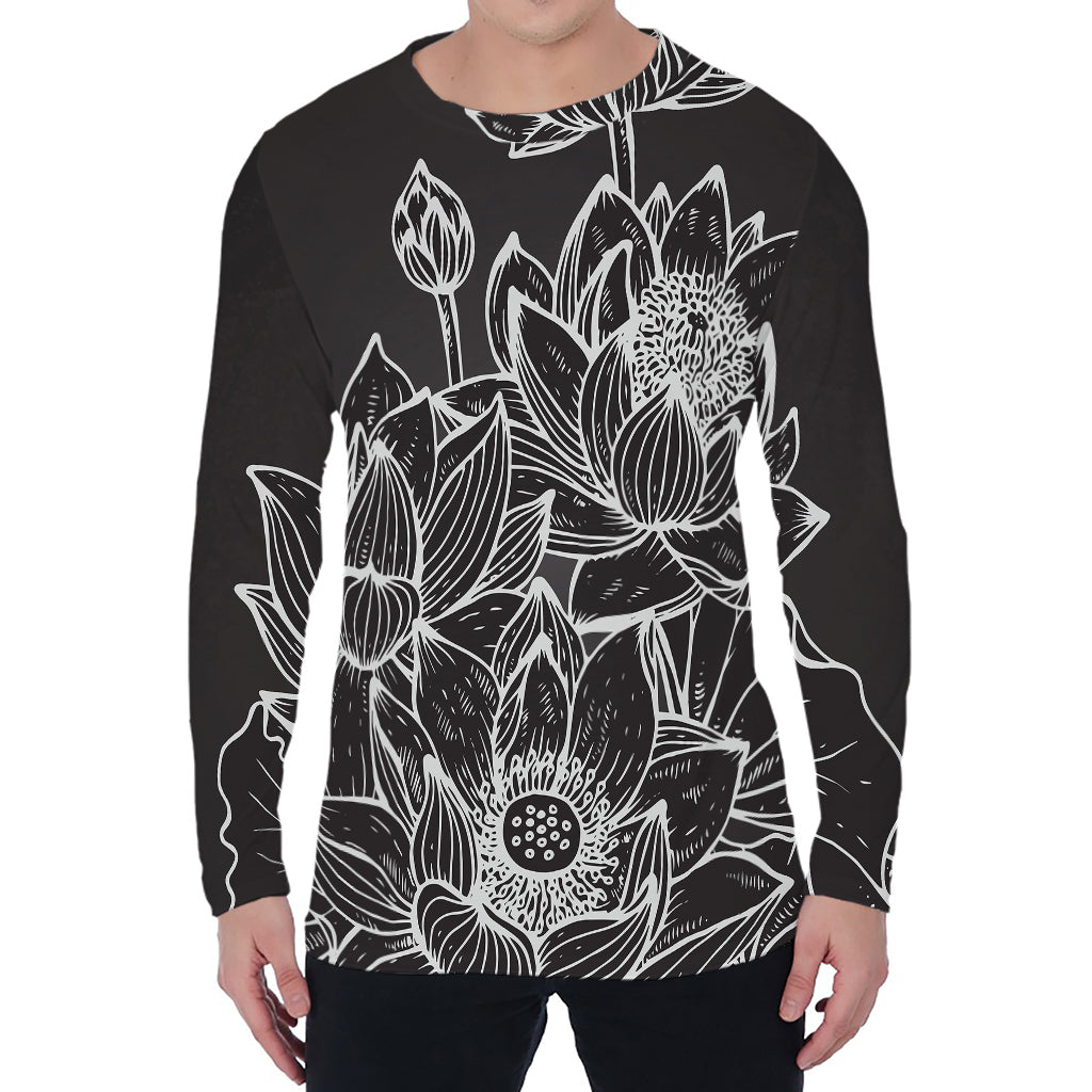 Monochrome Lotus Print Men's Long Sleeve T-Shirt