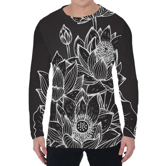 Monochrome Lotus Print Men's Long Sleeve T-Shirt