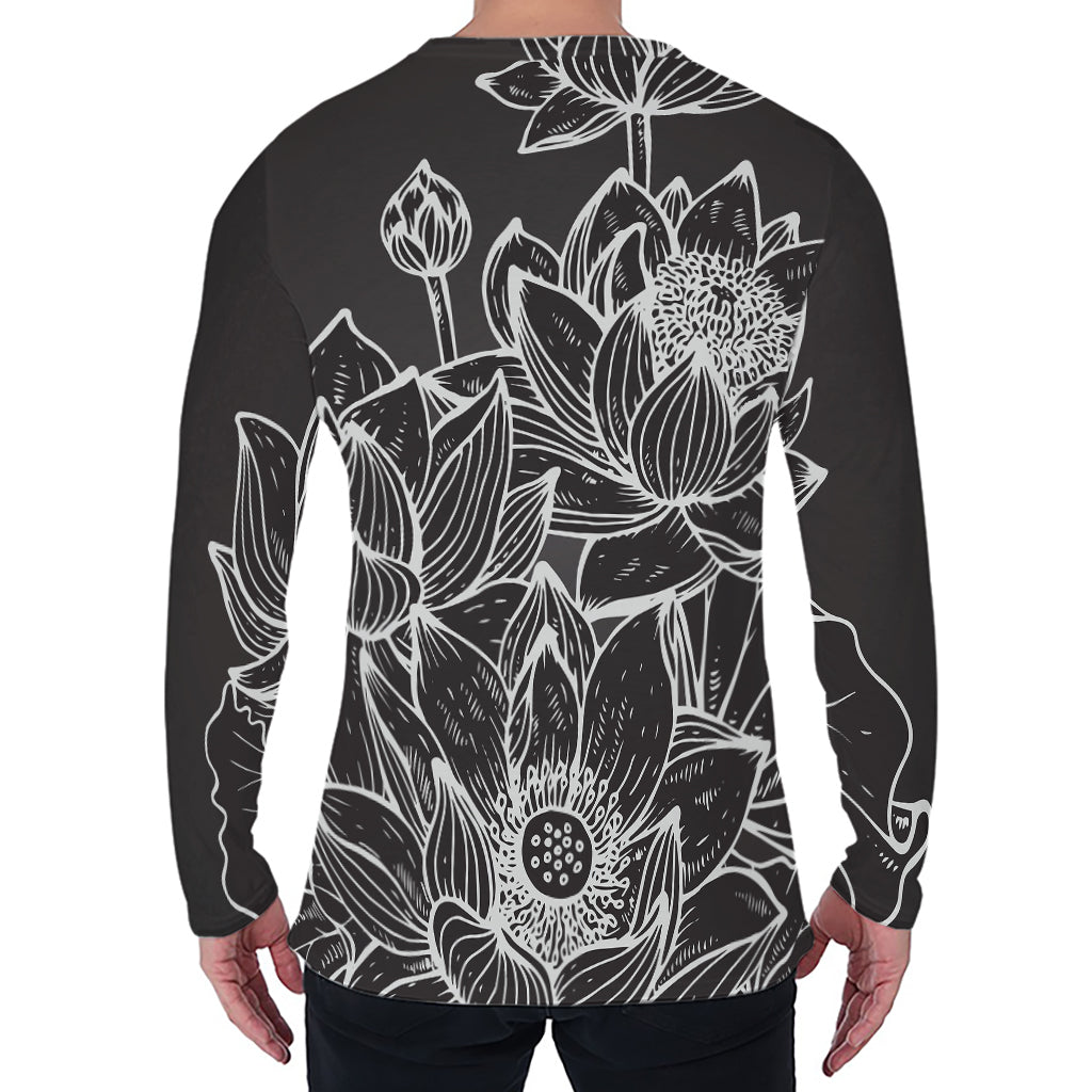 Monochrome Lotus Print Men's Long Sleeve T-Shirt