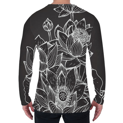 Monochrome Lotus Print Men's Long Sleeve T-Shirt