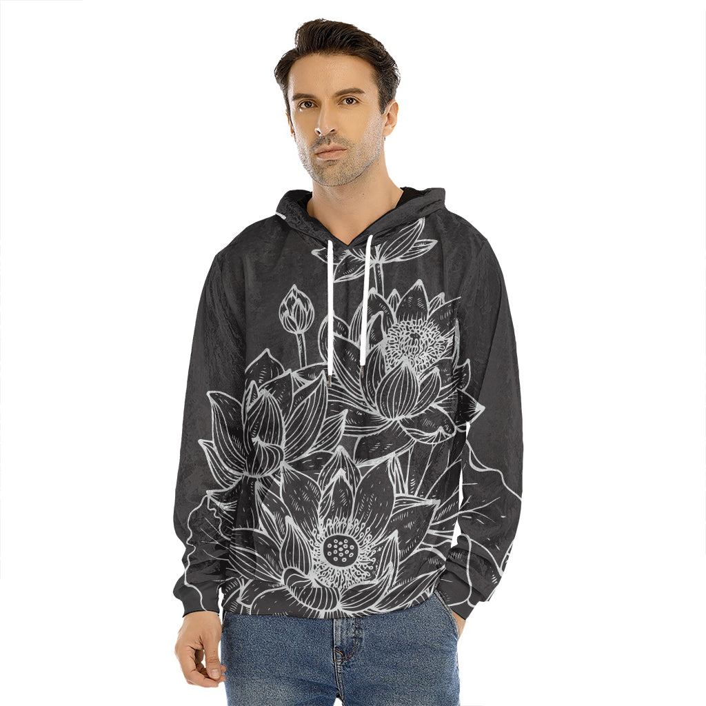 Monochrome Lotus Print Men's Velvet Pullover Hoodie