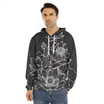 Monochrome Lotus Print Men's Velvet Pullover Hoodie