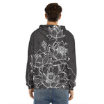 Monochrome Lotus Print Men's Velvet Pullover Hoodie