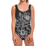 Monochrome Lotus Print One Piece Swimsuit