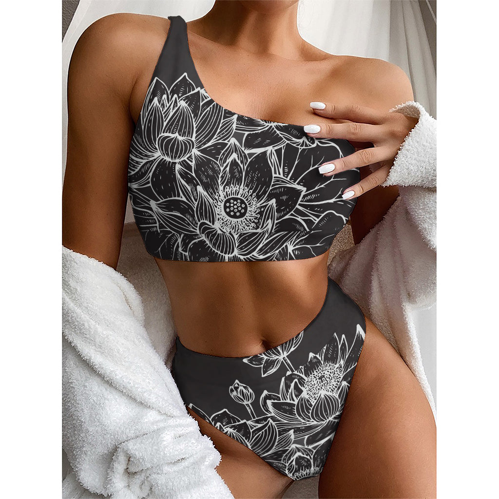 Monochrome Lotus Print One Shoulder Bikini Top