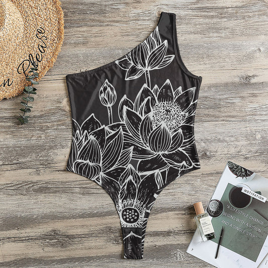 Monochrome Lotus Print One Shoulder Bodysuit