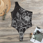 Monochrome Lotus Print One Shoulder Bodysuit