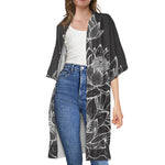 Monochrome Lotus Print Open Front Beach Cover Up