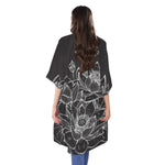 Monochrome Lotus Print Open Front Beach Cover Up