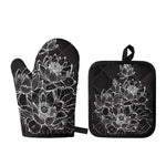 Monochrome Lotus Print Oven Mitt And Pot Holder Set