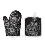 Monochrome Lotus Print Oven Mitt And Pot Holder Set