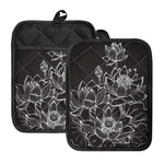 Monochrome Lotus Print Pot Holders With Pocket