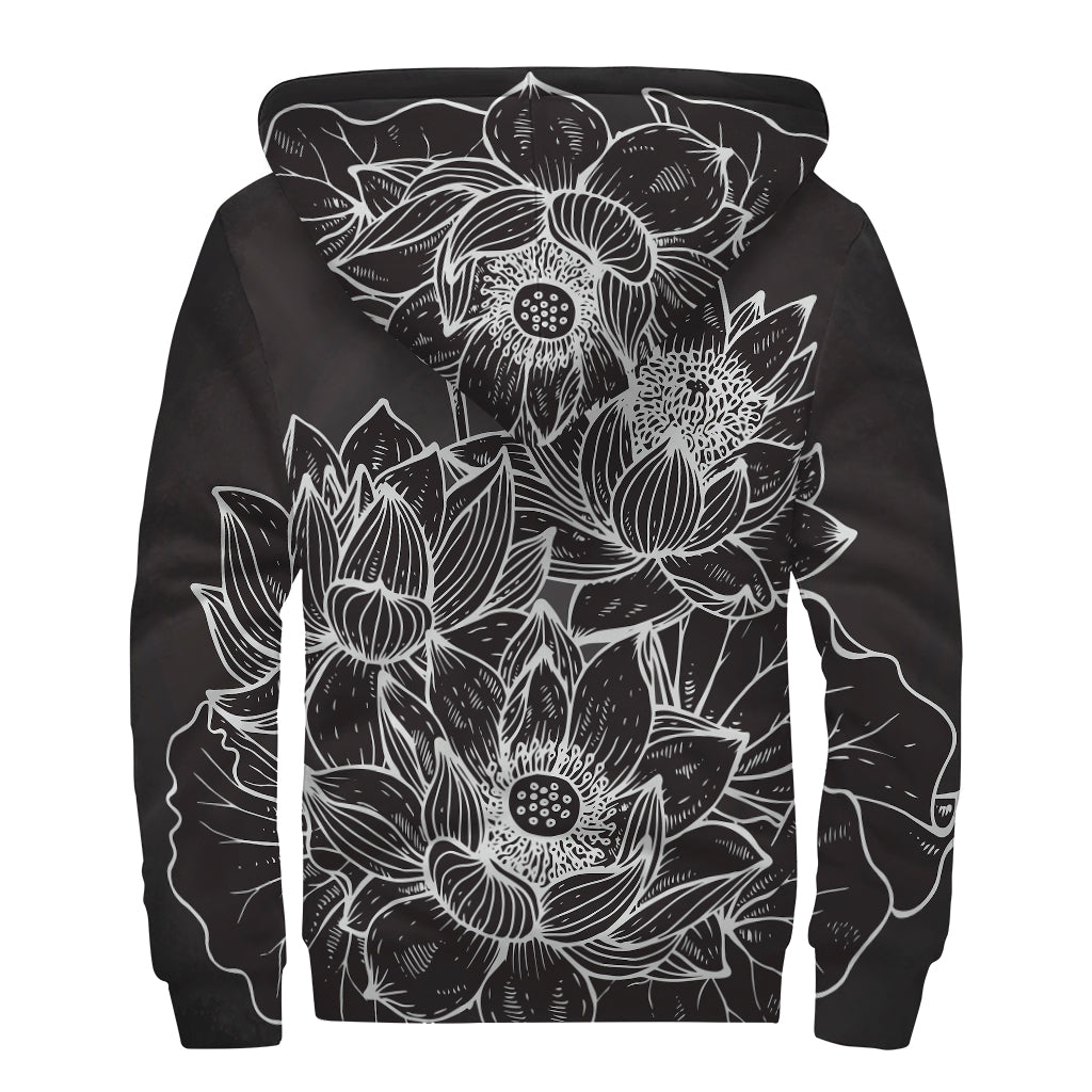 Monochrome Lotus Print Sherpa Lined Zip Up Hoodie