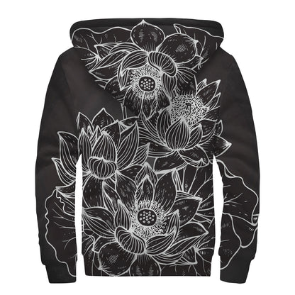 Monochrome Lotus Print Sherpa Lined Zip Up Hoodie