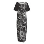 Monochrome Lotus Print Short Sleeve Long Nightdress