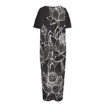 Monochrome Lotus Print Short Sleeve Long Nightdress