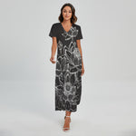 Monochrome Lotus Print Short Sleeve Maxi Dress