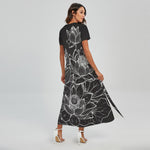 Monochrome Lotus Print Short Sleeve Maxi Dress