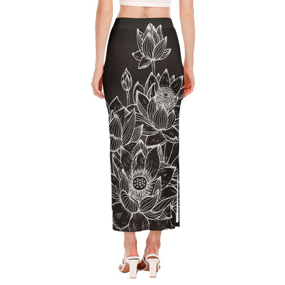 Monochrome Lotus Print Side Slit Maxi Skirt