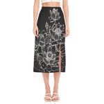 Monochrome Lotus Print Side Slit Midi Skirt