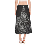 Monochrome Lotus Print Side Slit Midi Skirt