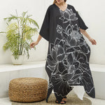 Monochrome Lotus Print Silk V-Neck Kaftan Dress