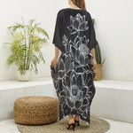 Monochrome Lotus Print Silk V-Neck Kaftan Dress