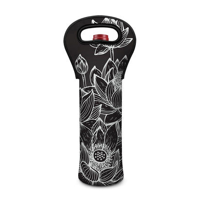 Monochrome Lotus Print Single Neoprene Wine Tote