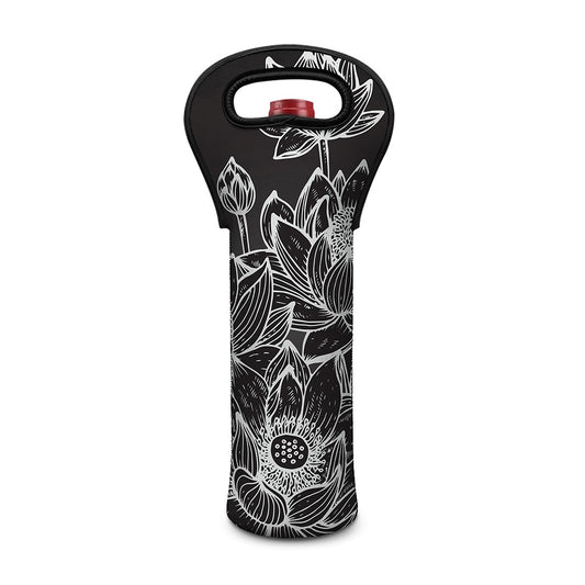 Monochrome Lotus Print Single Neoprene Wine Tote