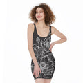 Monochrome Lotus Print Sleeveless Bodycon Dress