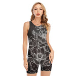 Monochrome Lotus Print Sleeveless One Piece Swimsuit