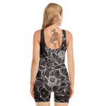 Monochrome Lotus Print Sleeveless One Piece Swimsuit