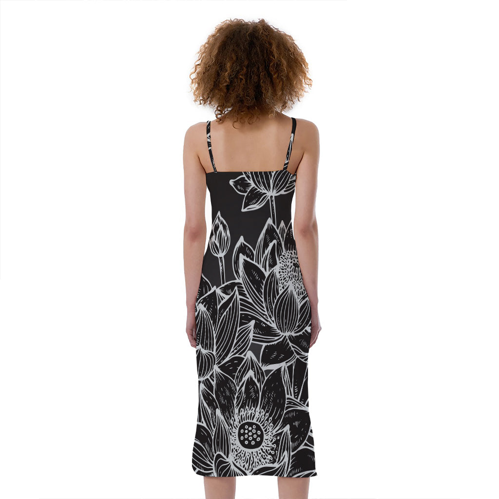 Monochrome Lotus Print Slim Fit Midi Cami Dress
