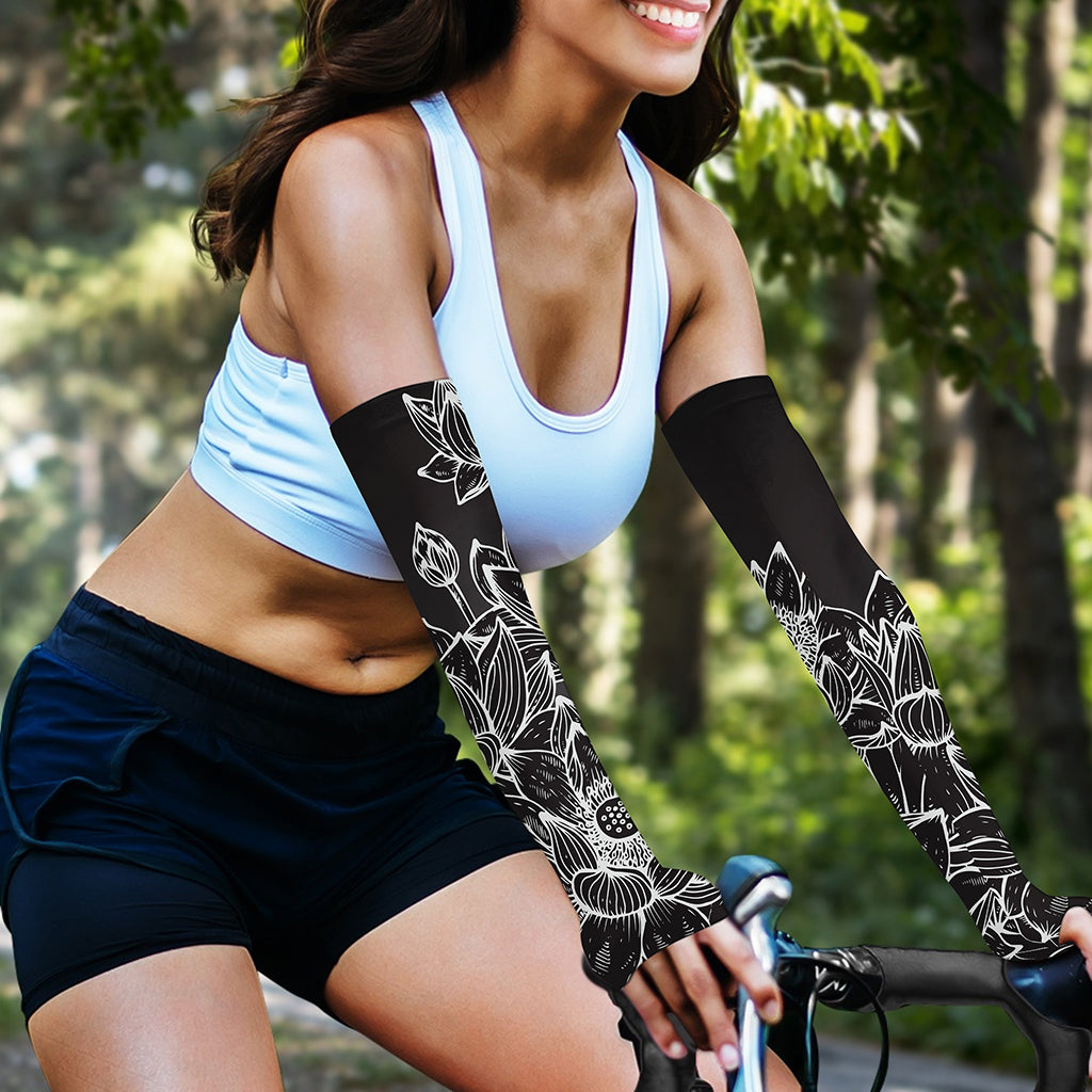 Monochrome Lotus Print Sun Protection Arm Sleeves
