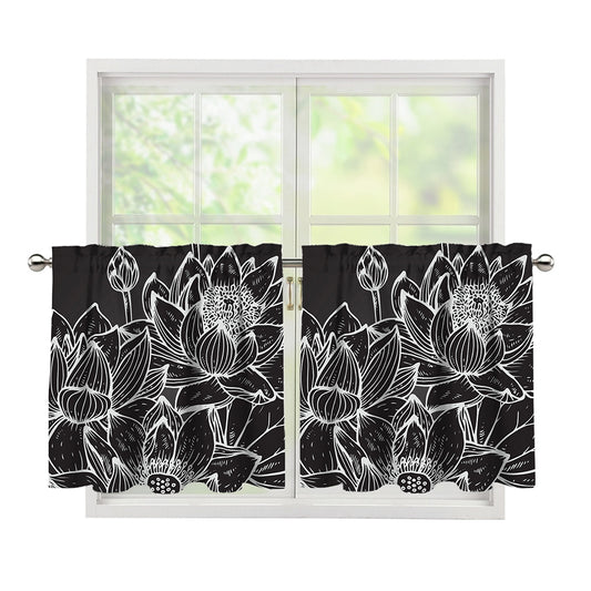 Monochrome Lotus Print Tier Curtains