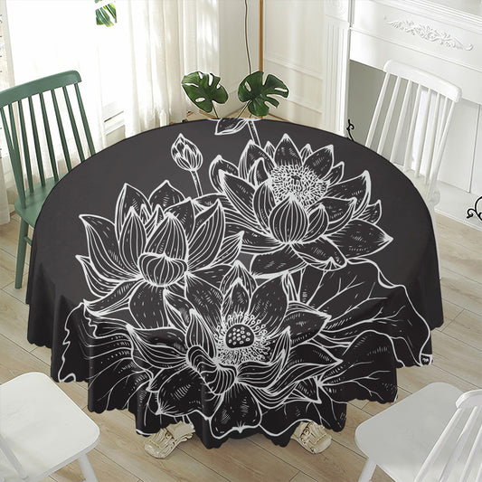 Monochrome Lotus Print Waterproof Round Tablecloth