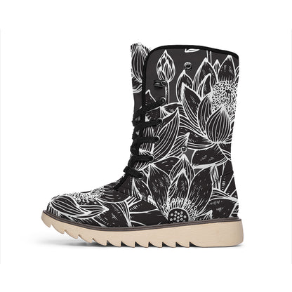 Monochrome Lotus Print Winter Boots